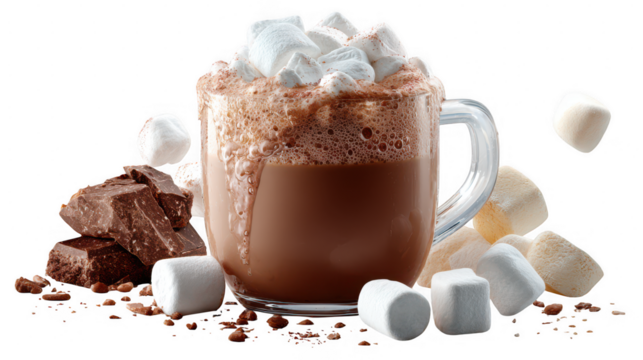 Illustration of hot chocolate with marshmallows isolated on transparent background