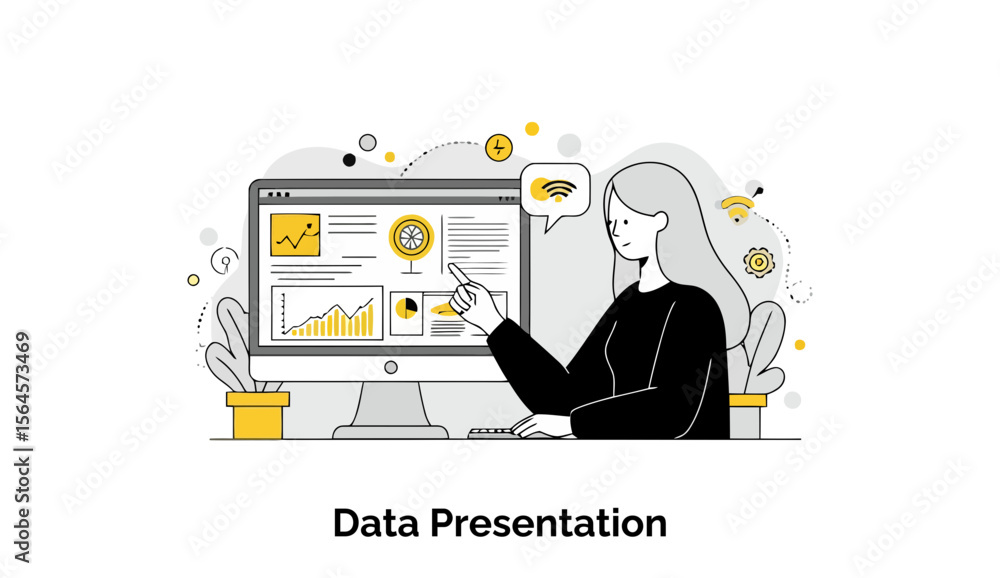 Poster female data analyst presenting data on computer screen in modern office setting. pointing to screen 
