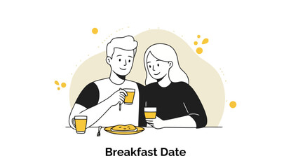 A happy young couple is enjoying a leisurely breakfast at an outdoor cafe table, smiling at each other while holding coffee cups and sharing a delicious morning meal.