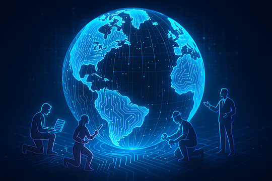 Global tech synergy people building and creating on digital world map for world youth skills day empowering diverse expertise and shared goals