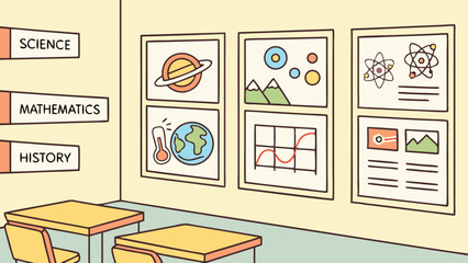 Illustration of a classroom with desks and educational posters including science mathematics history on wall