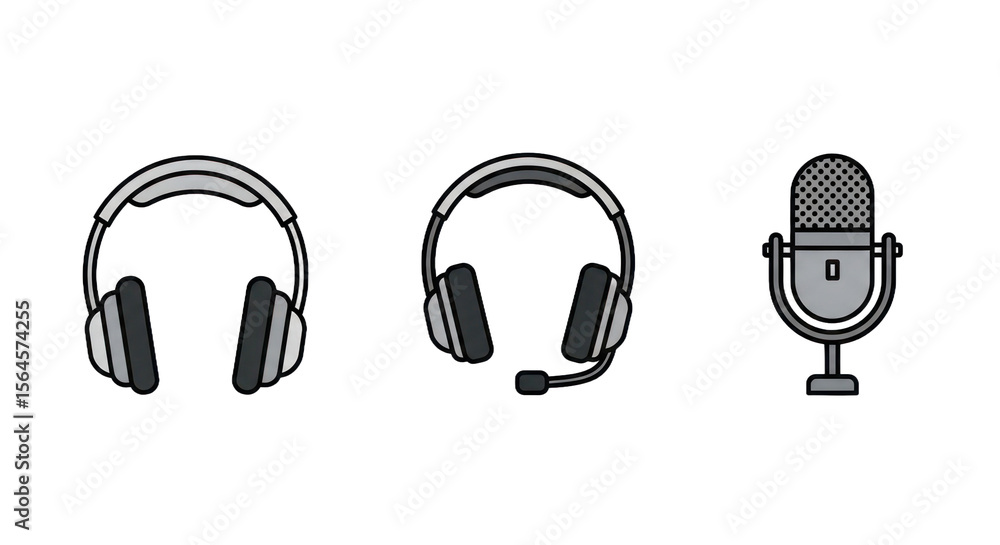 Poster pixelated headsets and microphone icons representing audio technology on transparent background isol