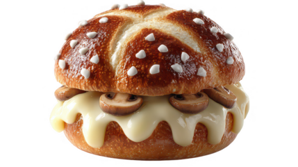 Illustration of savory mushroom burger with melted cheese, isolated on transparent background