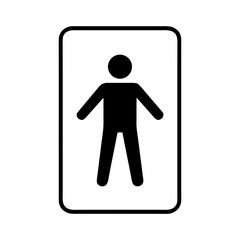 A simple black and white restroom sign depicting a person, likely indicating a male bathroom or a gender-neutral restroom