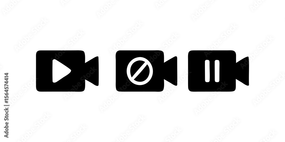 Poster video camera icon set play stop and pause symbols for user interface design applications