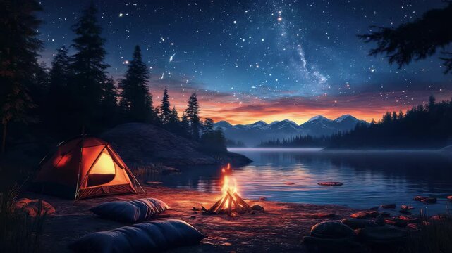 A cozy camping scene by a lake under a breathtaking starry night sky