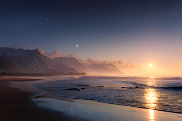 Celestial Unity: A Tranquil Panorama Capturing the Essence of Universal Harmony and Interconnectedness Across Sky, Sea, and Land