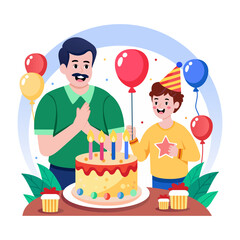 A flat style illustration showing celebration birthday of a kid
