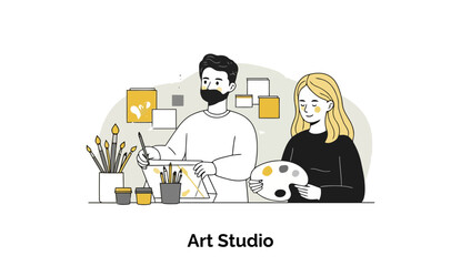 A young man and woman, dressed in casual attire, are working in an art studio, engaged in artistic activities. A man and a woman, artists, are focused on creating art in their shared studio space.
