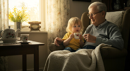 Grandparent and grandchild sharing tea