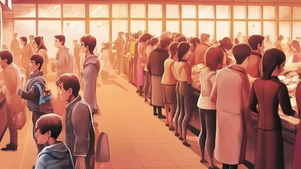 Female volunteers serve fresh food from crates to a long queue of people at a brightly lit food bank, showing community aid in action