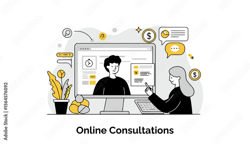 Poster online consultation between a consultant and client in a home office setting. consultant pointing at