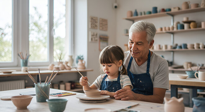 Grandparent and grandchild working together on pottery