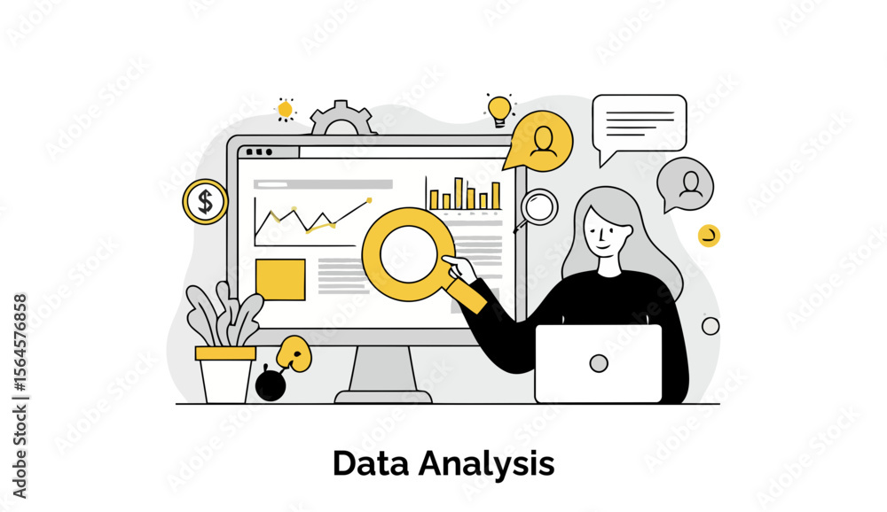 Poster female data analyst examining data on a computer screen in a modern office setting. presenting data 
