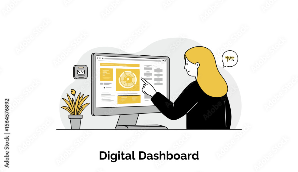 Poster young woman in business attire interacting with a digital dashboard on a computer in a modern office