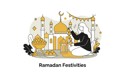 A young woman in modest clothing decorates a lantern with floral garlands during Ramadan festivities in front of a mosque. A woman preparing for Ramadan celebration with decorations.