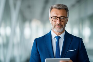 Fototapeta premium A confident middle-aged businessman wearing glasses and a blue suit holds a tablet, standing in a modern office setting.
