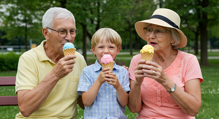 Fototapeta premium Grandparents and grandchild enjoying ice cream outdoors
