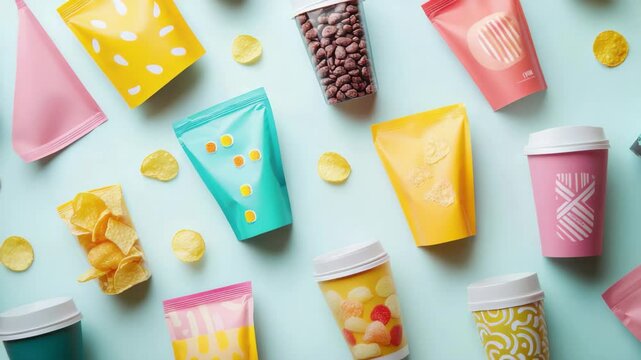 A flatlay of colorful coffee cups and snack packaging designs on a blue background