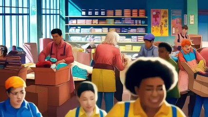 A bustling warehouse filled with diverse volunteers happily sorting and packing donated clothes into cardboard boxes for a large charity drive - Powered by Adobe