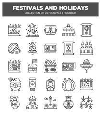 Collection of 25 Festivals and Holidays. Line Art Icons