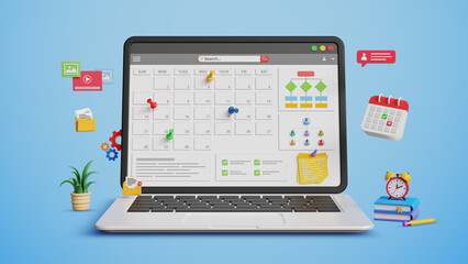 Business planning, agenda, work schedule, project management concept. Reminder, digital schedule, team work calendar. Appointment, planning calendar dashboard on a laptop. 3D illustration