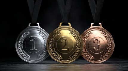 Realistic 3D medals in gold, silver, and bronze on black. Representing 1st, 2nd, and 3rd place awards. Clean, quality badge set for recognition.