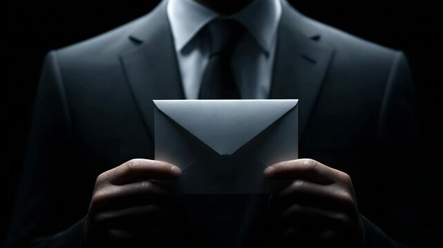 Man holding envelope dark background with business suit and tie, hands gripping confidential letter, mysterious and secretive mood