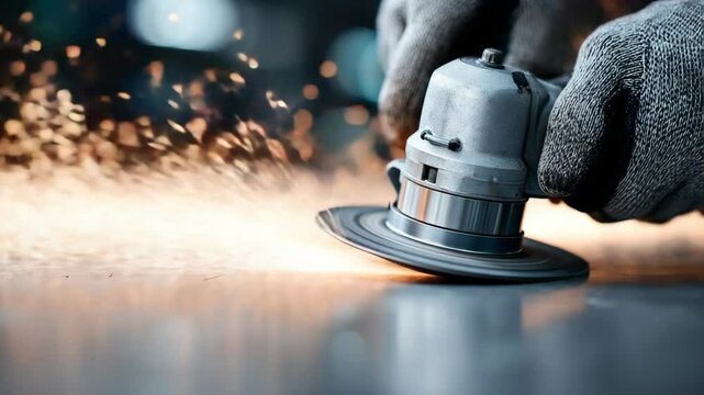 Grinding tool sparks flying on metal surface showcasing industrial craftsmanship precision bright sparks intense light workshop