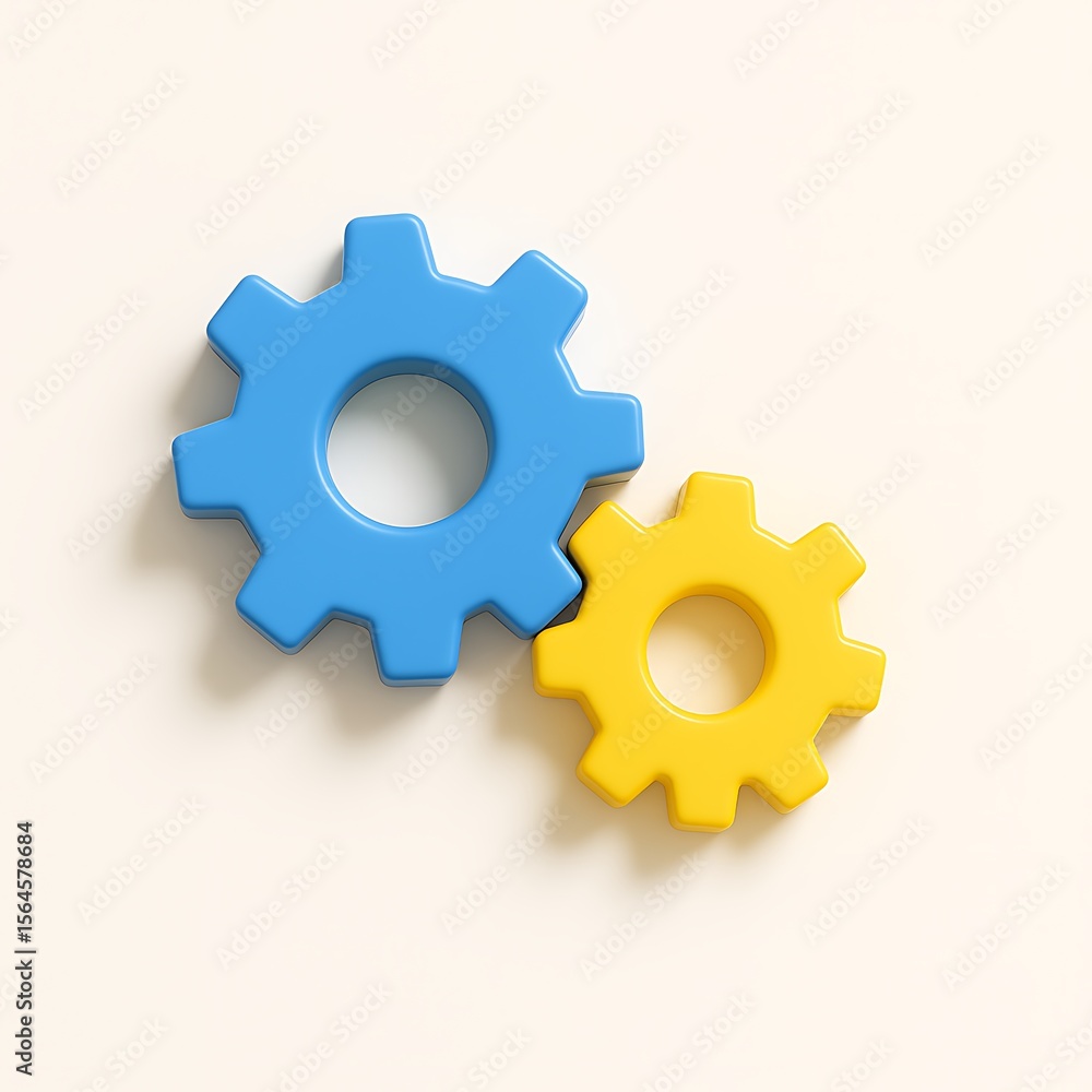 Poster two colorful interlocking gears representing teamwork and connection isolated on white background