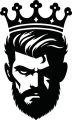 angry King with crown and beard. King head graphic sign isolated on white background. Vector illustration