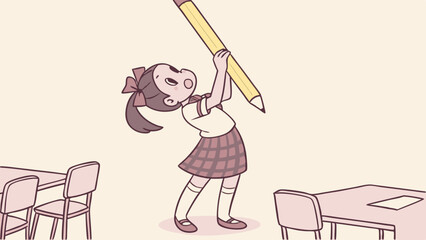Illustrated girl in school uniform holding a large pencil in a classroom with desks and chairs around