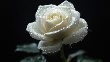Elegant white rose covered in water droplets against dark background. This photo can be used to express love, purity, or condolences.