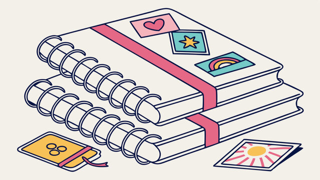Stacked spiral notebooks with stickers and pink ribbon and cards on a light background art style