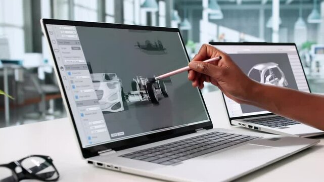 Young Designer Using CAD Software To Render Car Design On Laptop