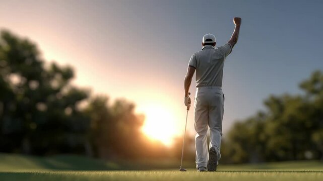 Golfer celebrating victory and successful putt golf course sunset with raised fist and club hand outdoor sport celebration
