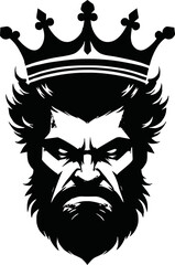 angry King with crown and beard. King head graphic sign isolated on white background. Vector illustration