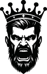 angry King with crown and beard. King head graphic sign isolated on white background. Vector illustration