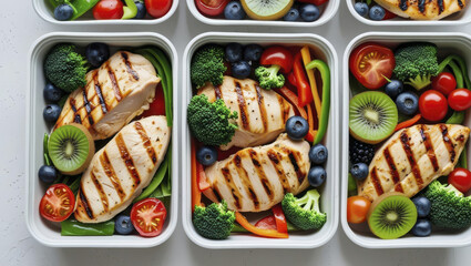 Healthy meal prep boxes with grilled chicken, fresh vegetables, and colorful fruits create vibrant and nutritious display. These clean food options promote balanced diet and healthy lifestyle