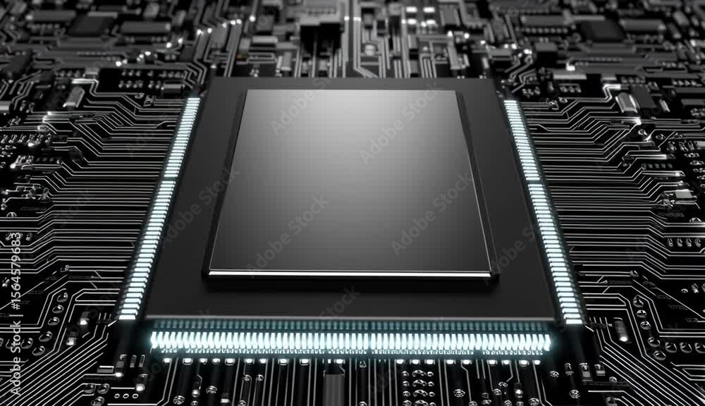 Poster futuristic microchip glowing on black circuit board with detailed electronic components and advanced