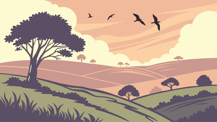Illustration of a serene landscape with rolling hills, trees, and birds flying in a cloudy sky scene