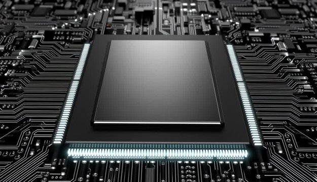 Futuristic microchip glowing on black circuit board with detailed electronic components and advanced technology circuit design