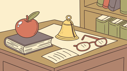 A desk scene featuring an apple on a book, a bell, glasses, and a note with a bookshelf behind it