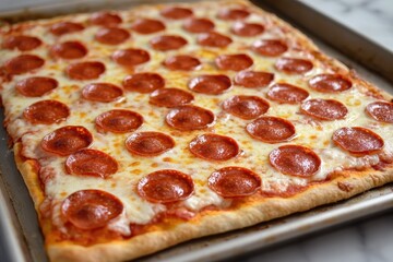 Rectangular pepperoni pizza, gooey cheese and a crisp crust on a baking sheet. Perfect for food blogs, menus, or promoting pizza deals and restaurants.