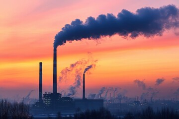 Obraz premium Factory chimneys emit smoke against a colorful sunset sky background. Ideal for illustrating pollution, industry, and environmental concerns.