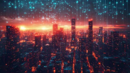 A futuristic city skyline glows with vibrant lights and digital data streams at sunset, creating a dynamic and energetic urban landscape - Powered by Adobe