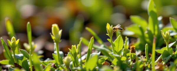 sudden emergence of insects and buzzing bees as spring awakens nature, fresh greenery sprouting across the landscape.