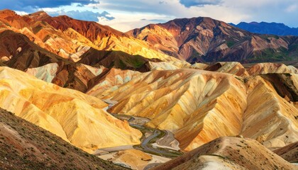 Aerial View Of Colorful Mountain Range With Dramatic Lighting and Scenic Valley