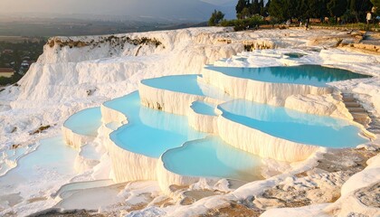 Aerial View Of Pamukkale Travertine Pools In Turkey Showing Thermal Terraces And Turquoise Water
