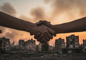 Handshake Symbolizing Peace and Reconciliation After War Amidst Destroyed City at Sunset